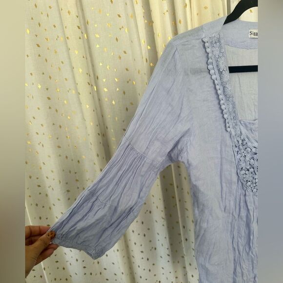 Siganka Maui Hawaii 100% Cotton Periwinkle Embroidered Eyelet Lace Sheer Tunic S - Picture 3 of 7